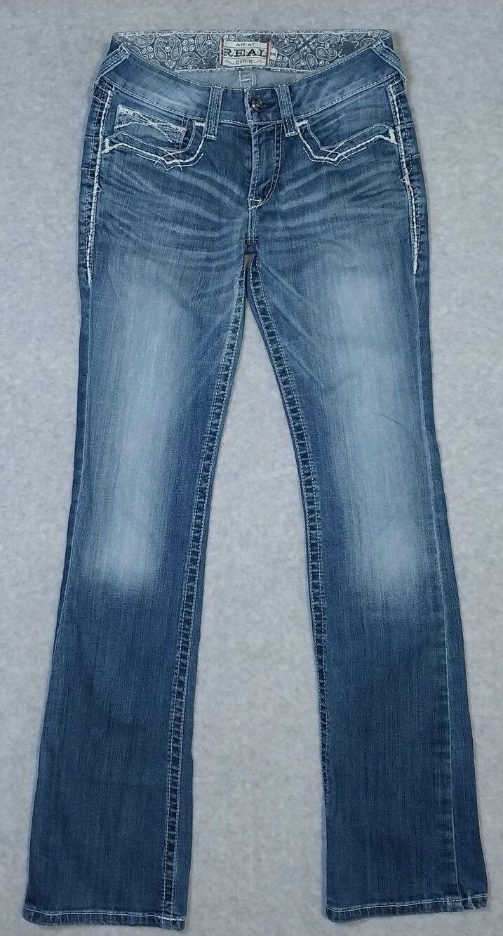 Ariat Real Denim Mid Rise Boot Cut Jeans Paisley Bandana Whipstitch Pockets 28L
